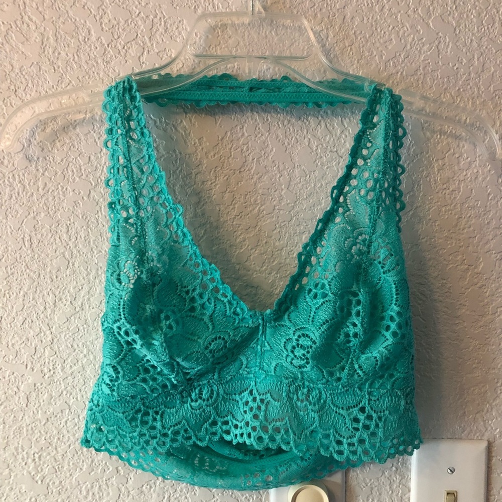 aerie neon blue-green lace halter bra bralette size M medium